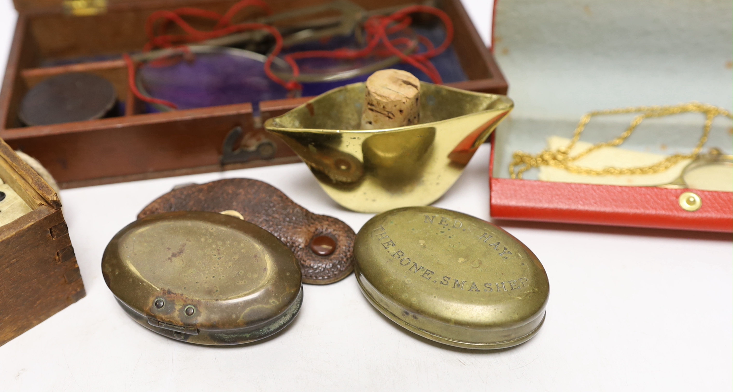 A boxed set of pan scales, a set of bone dominoes, two miner's snuff boxes, etc.
